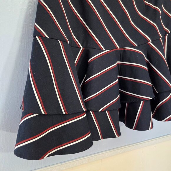 Express 10 Navy Blue Red Stripes Layered Flowy Ruffle Holiday Mini Skirt - Picture 5 of 9